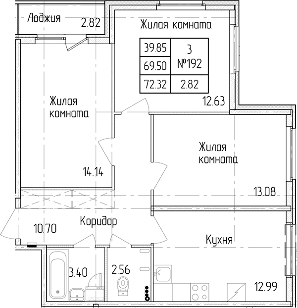 3-комнатная квартира 69.5 м², 1/4 эт., ЖК «Любоград в Стрельне»